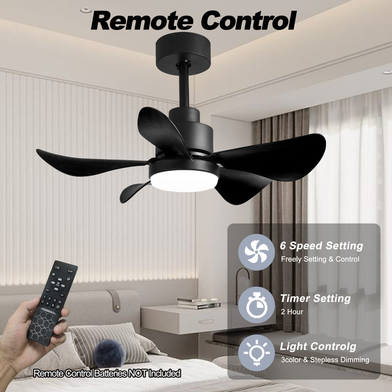 Petit ventilateur de plafond 28 po avec télécommande, 5 pales réversible, 6 vitesses, Noir