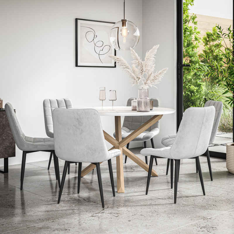 Darcus 120cm Round White Marble Effect Dining Table Set with 6 Nova Velvet Chairs, Oak/Grey
