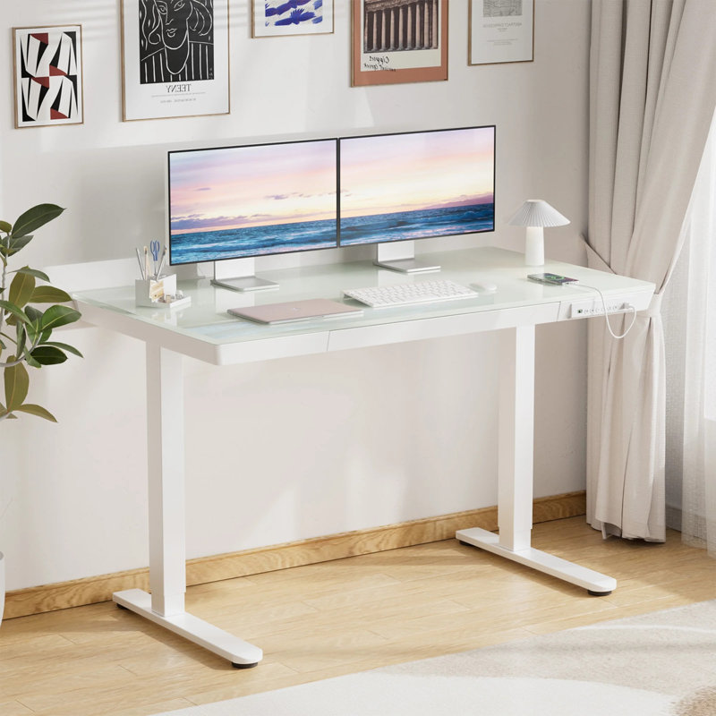 Height Adjustable Standing Computer Desk With Drawer and USB & Type-C Ports For Home Office, 28'' H x 55'' W x 28'' D