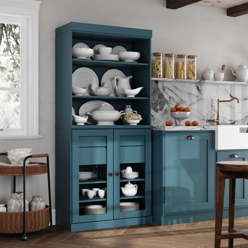Garde-manger 100% bois massif Kaniesha 32 po avec portes en verre transparent, 2 tiroirs et tablettes réglables, Teal
