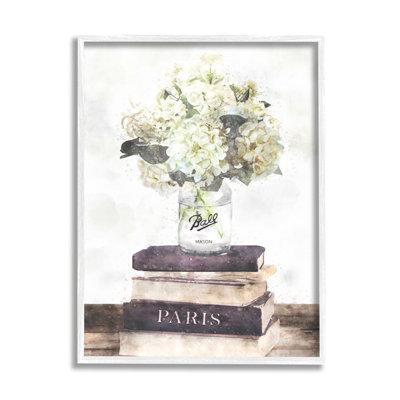 " Delicate White Florals On Parisian Bookstack " by Ziwei Li