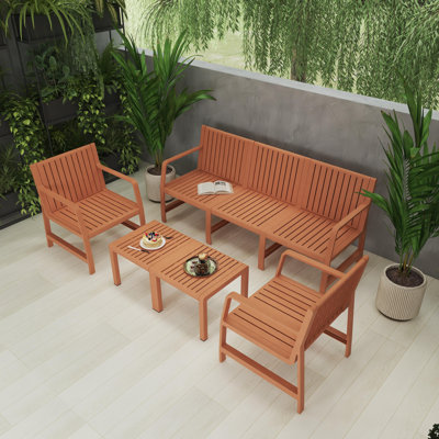 Five-piece indoor/outdoor pp furniture set, 3-seater long chair, 2 chairs & 2 coffee tables, easy assembly patio conversation set