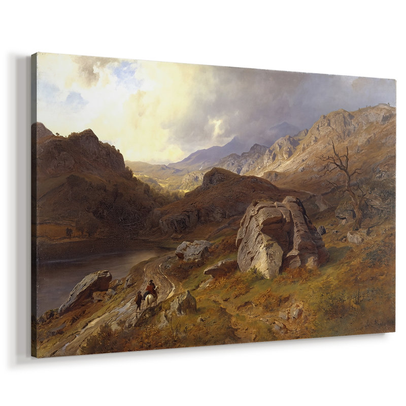 Paysage de montagne avec des cavaliers-Hans Gude-Toile tendue avec châssis-c. Milieu du 19e siècle, 32x48