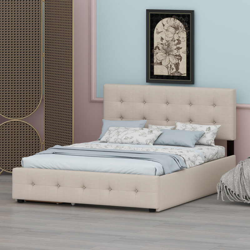 Lit plateforme tapissier avec tiroirs de rangement et lit gigogne, Beige foncé