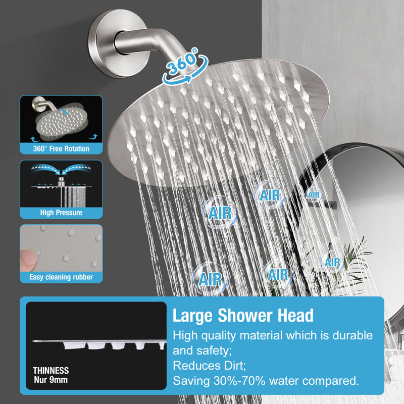 Modern Round Shower System, Rain Shower Head with Handheld Spray, Shower Faucet Set, Brushed Nickel