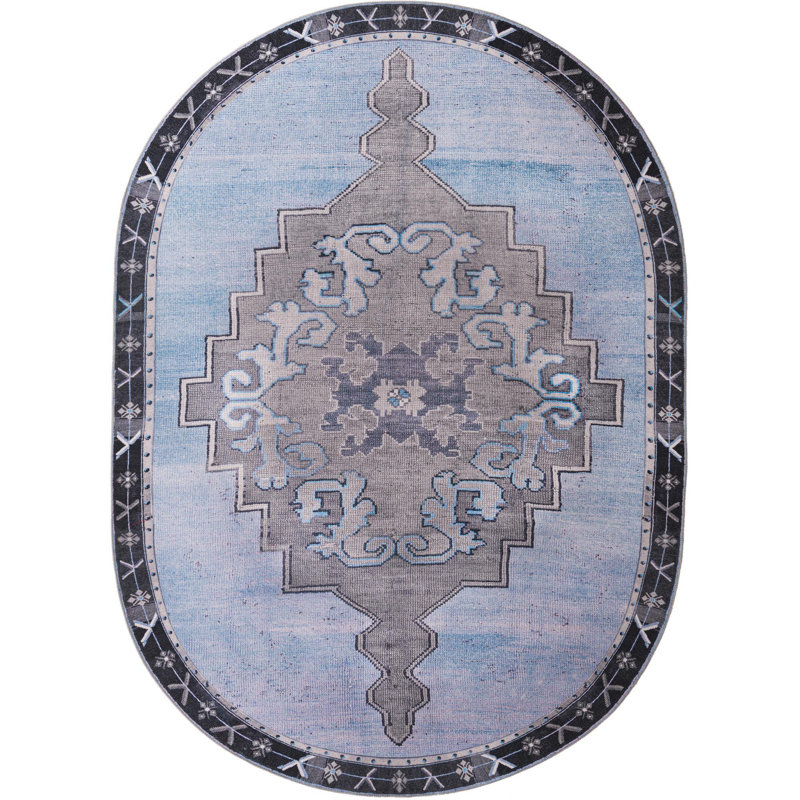 Tapis traditionnel de couleur gris-bleu, Ovale 7 pi 6 po x 10 pi 6 po
