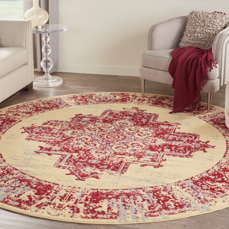 Burnie Oriental Cream/Red Area Rug, Round 5'3"