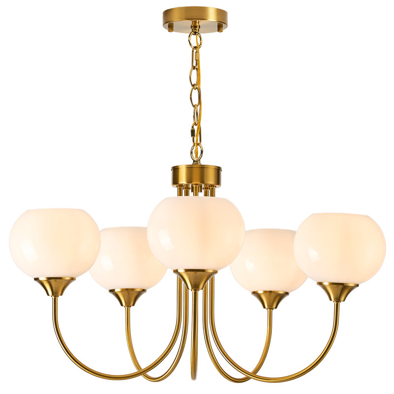 5 Light Mid Century Chandeliers, Globe Dining Room Light Fixtures with White Milk Glass , Cream, Suspension Chain, 5 Lights