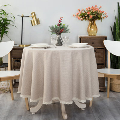 One Allium Way® Textured Tablecloth Linen Rustic Burlap Washable Solid Heavy Weight Lace Trim Fabric Table Cloth,,Table Cover For Kitchen Dinning Tabletop Decoration70 In Round Beige