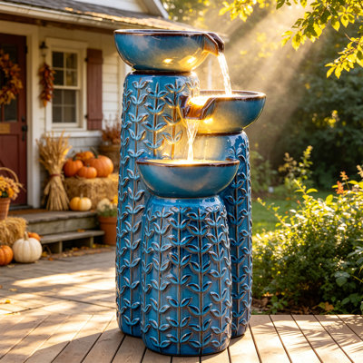 Fontaine d'extérieur en céramique 28 "avec lumières DEL, cascade et bols à motif de feuilles en relief à 3 niveaux en turquoise pour la détente dans le jardin