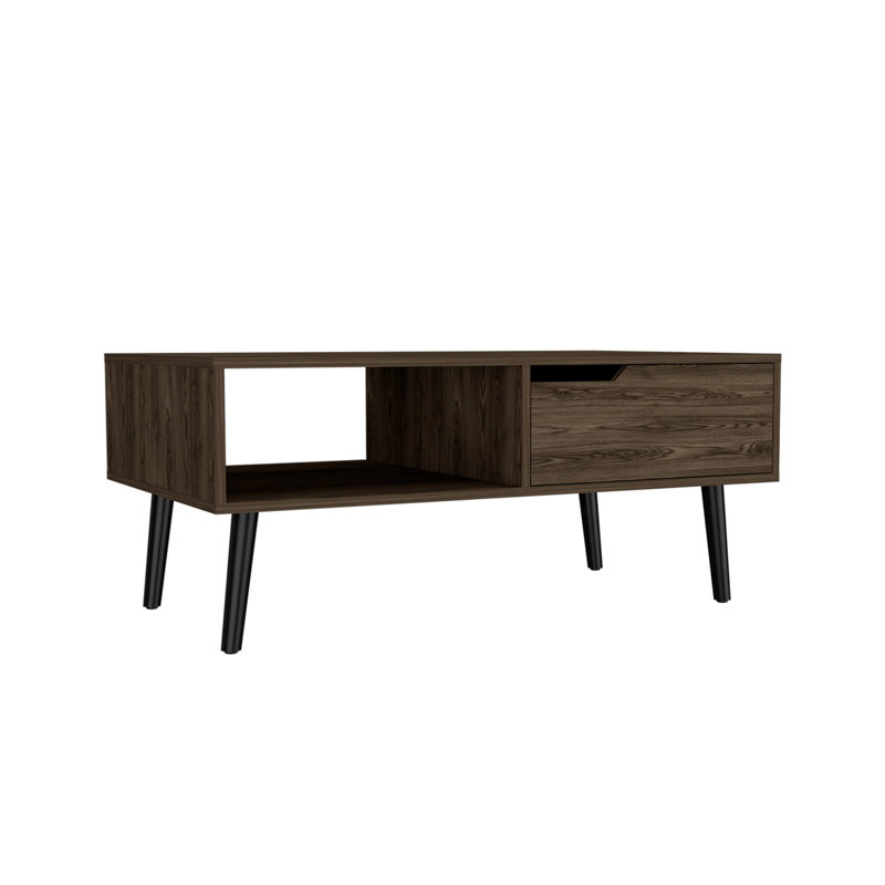 Table basse, une tablette ouverte, un tiroir, noyer foncé