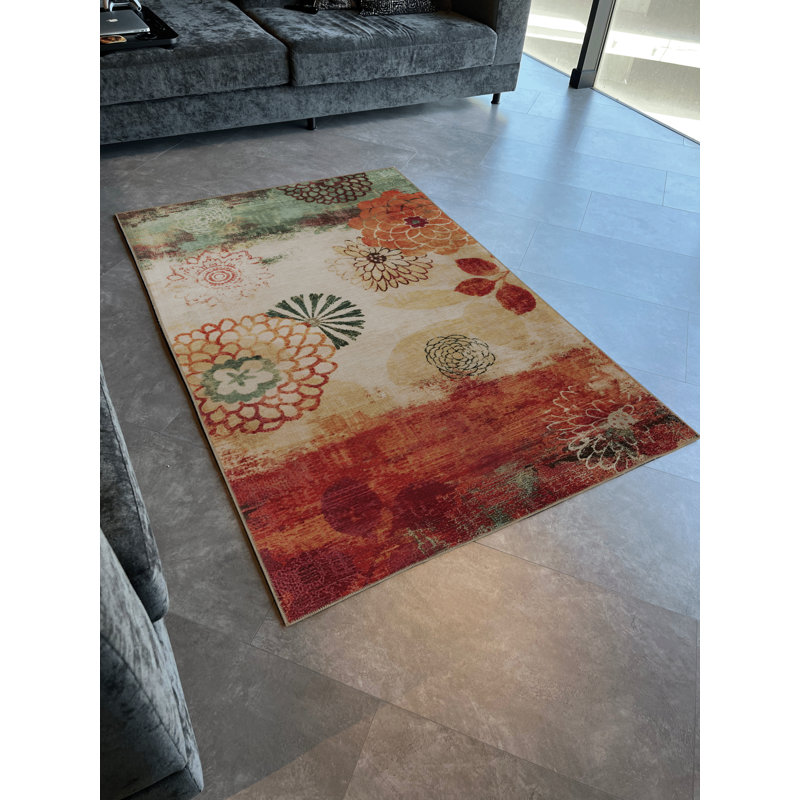 Green-Red Themed Multi-Colored Powder Flower Patterned Creative Modern Decorative Rug, Rectangle 3'11" x 6'6"