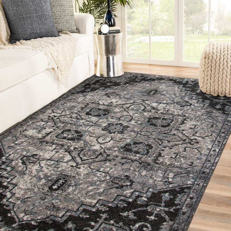 Tapis gris tissé à la machine 8 pi x 10 pi Medallion