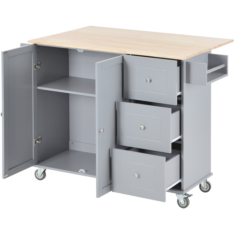 Îlot de cuisine mobile à roulettes avec plateau en bois massif et roulettes verrouillables, largeur de 52,7 po, armoire de rangement et bar à abattants, support à épices, porte-serviettes et tiroir