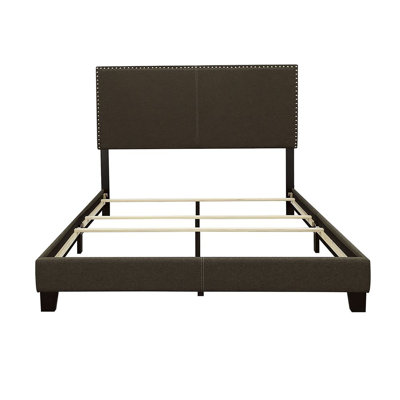 Grand lit rembourré gris anthracite, pieds en bois massif noir minuit, magnifique lit à garniture cloutée en métal avec bordure captivante, noir
