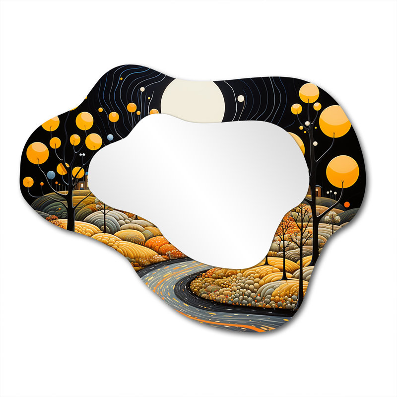 Victorene, arbres jaunes, pleine lune, route de campagne - paysage nuage, miroir mural décoratif asymétrique jaune, impression d'art en métal