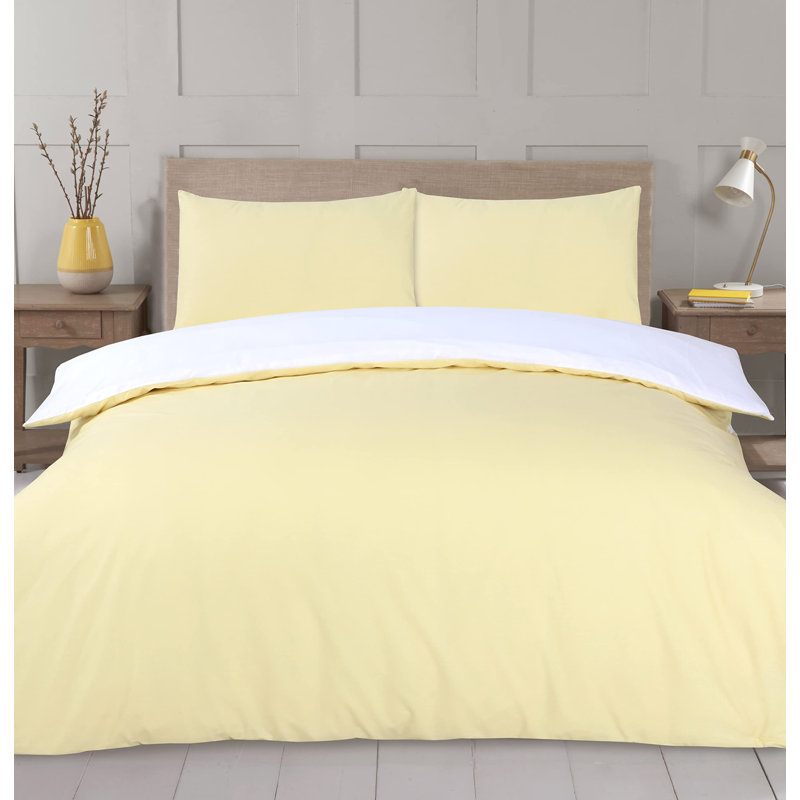 NightComfort Solid Yellow White Cotton Rich Duvet Cover Set with Pillowcase, Kingsize - 2 Standard Pillowcases
