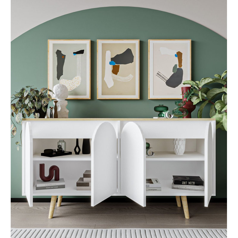 Lilliana Arched 4 Door Accent Sideboard With Wooden Legs, White/Sapphire Oak