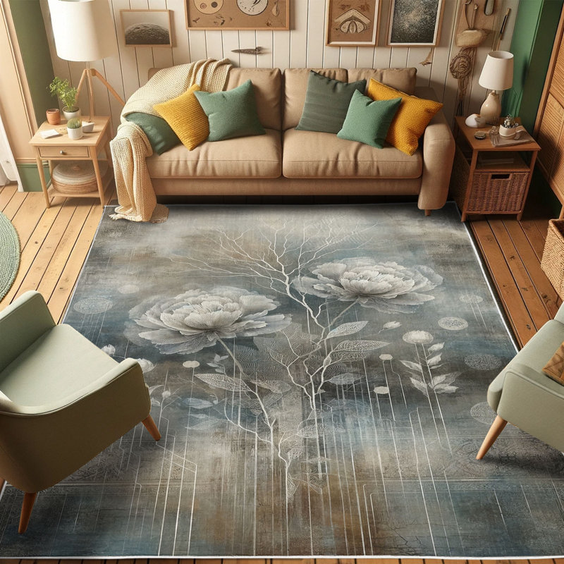 Blue and Gray Abstract Floral Synthetic Area Rug