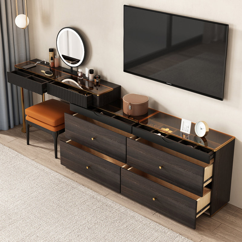 High-quality Makeup Vanity Set,Power Outlet, Glass Top,Corner,Very easy to assemble,Includes makeup stool, Black/Glod