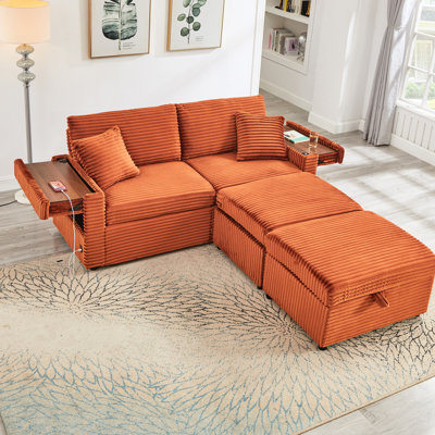Rangement multifonctionnel surdimensionné avec mousse orange + ressort, velours côtelé moelleux confortable, double repose-pieds, table de bout, méridienne douce, tissu de haute qualité, plateau de table avec accoudoirs multifonctionnels