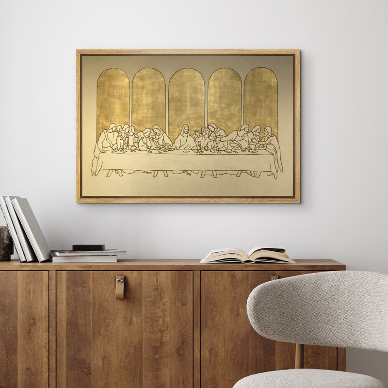 «Minimalist Last Supper», art au trait doré, toile de fond encadrée, art mural, H 24 po x l 36 po x P 1,5 po, Naturel