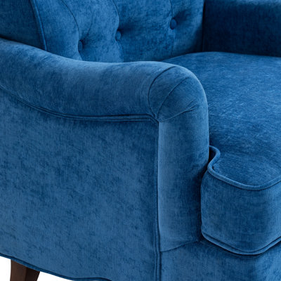 Fauteuil de lecture confortable, club en chenille bleu, coussins amovibles, fauteuil ergonomique rembourré, pieds en bois d'hévéa rétro, petites pièces