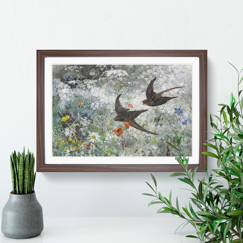 Common Swift Birds by Bruno Liljefors - Picture Frame Painting, 36cm H x 48cm W x 2cm D, Walnut Framed