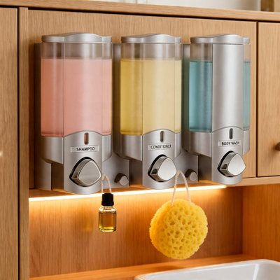 Shower Soap Dispenser, Wall-Mounted 3-Chamber with Built-in Hooks, No-Drill, Waterproof, 3 x 11 oz (Satin Silver)
