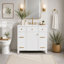 Meuble-lavabo 36 po avec lavabo en céramique, cadre en bois massif blanc, portes à fermeture douce, tablettes réglables, 3 tiroirs, y compris un tiroir à double profondeur pour le rangement du sèche-cheveux-518526663