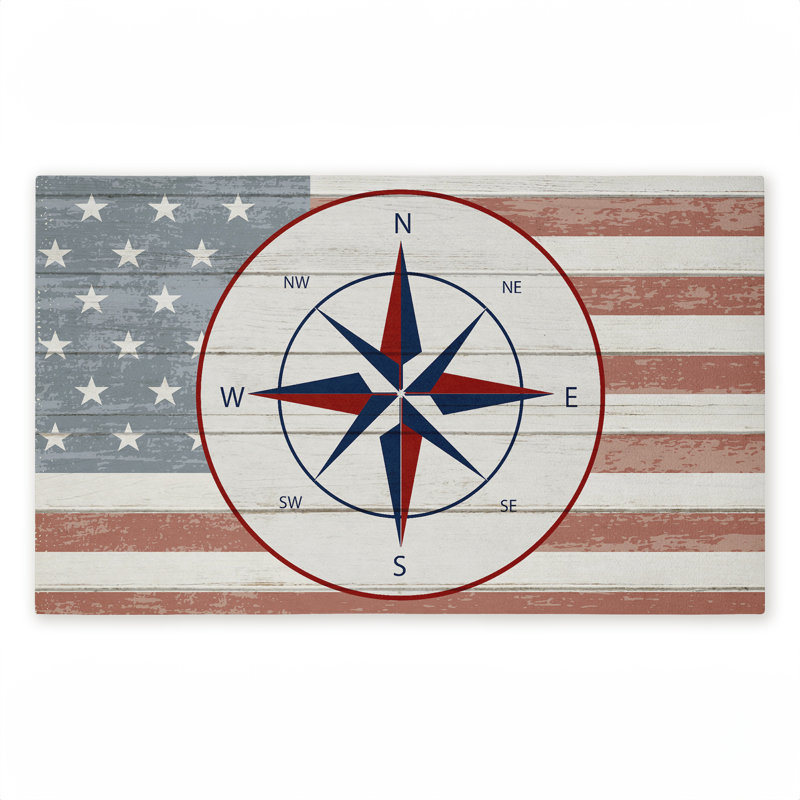 Tapis de porte d'extérieur imprimé drapeau nautique avec boussole, design par Kim Allen, 18 po x 30 po