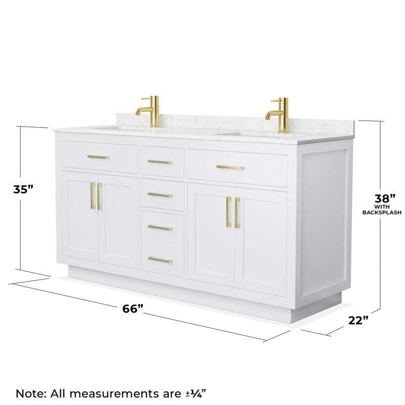 Beckett TK 66'' W Double Vanity, Carrara Cultured Marble, White, Brushed Gold