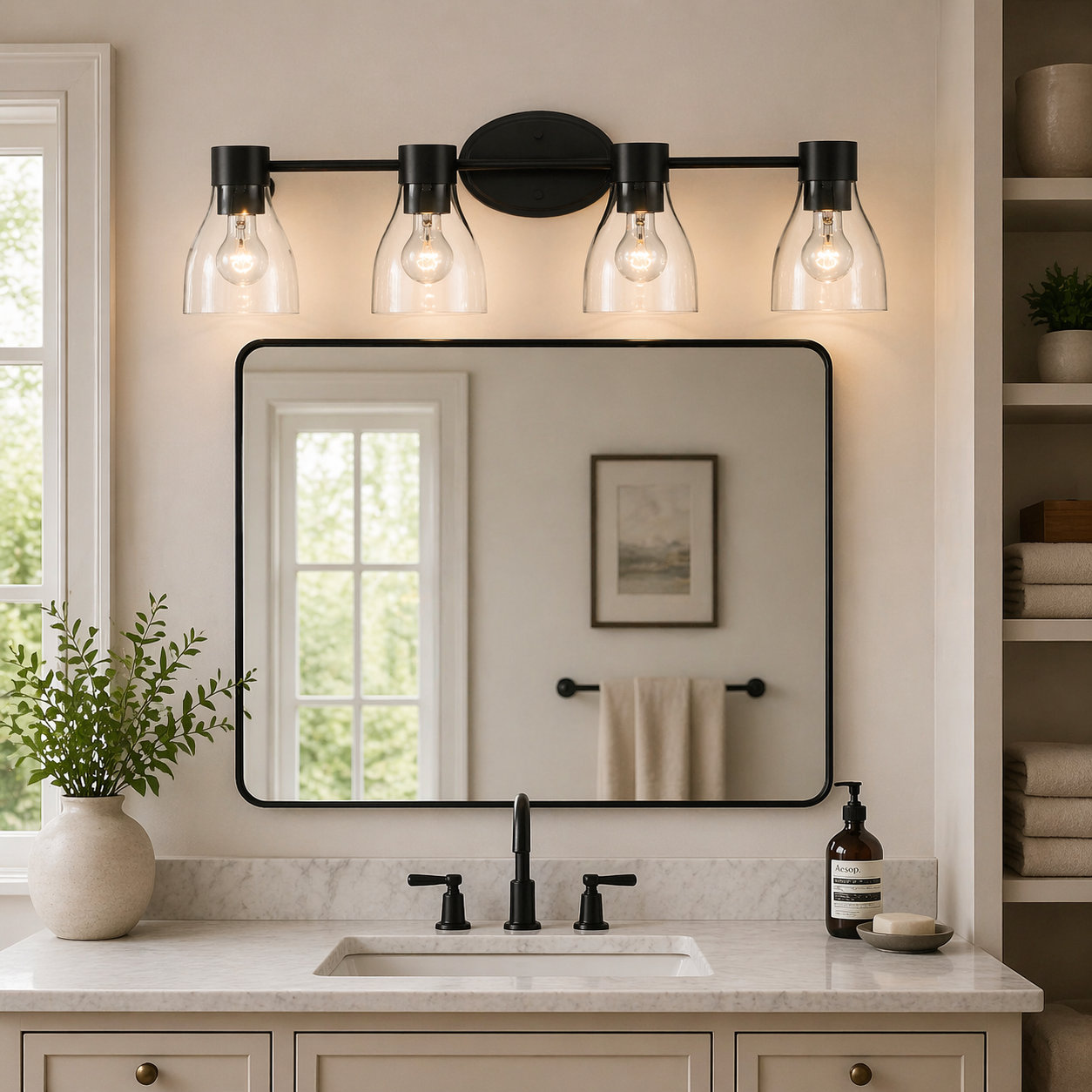 3-Light Brushed Brass Vanity Light with Clear Glass Shades, 4, Satin Black