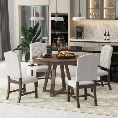 5-Piece Retro Functional Dining Set, Round Table With A 16""W Leaf And 4 Upholstered Chairs For Dining Room And Living Room -  Gracie Oaks, BD639BB238D24A548A32F05ED83418E8
