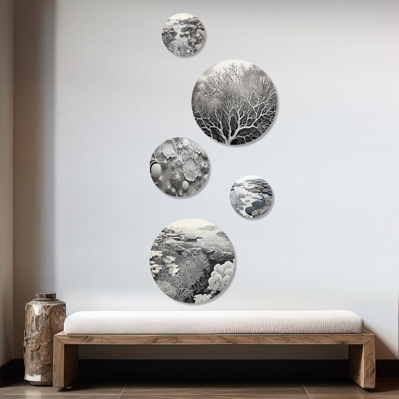 Scènes marines grises - Ensemble d'art mural rond corail sous l'eau