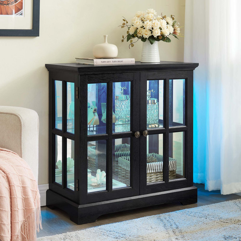 Vitrine à DEL antique avec tablettes réglables, portes en treillis pour la décoration intérieure et l'organisation, Noir