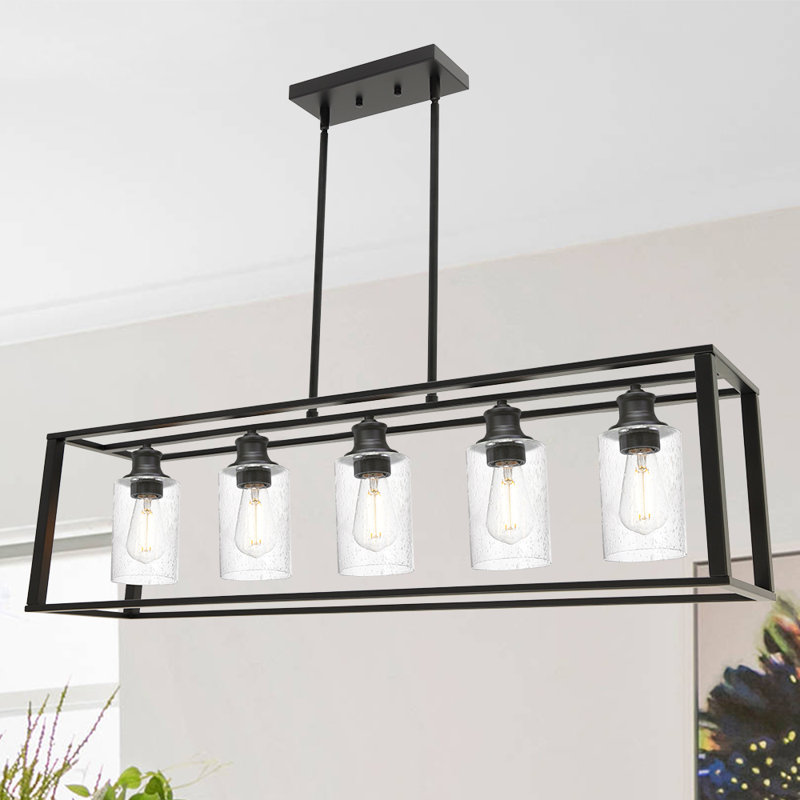 5-Lights Kitchen Island Lighting, Modern Linear Chandelier With Seeded Glass, Black Industrial Dining Room Light Fixtures Over Table Farmhouse Ceiling Pendant Lights