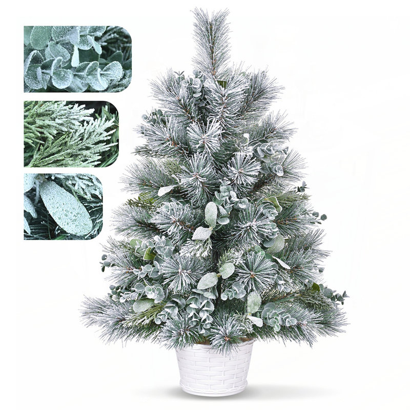 Arbre de Noël de table 2 pi avec aiguilles en pin eucalyptus, 68 pointes, mini arbre artificiel légèrement floqué pour les petits espaces