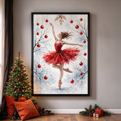 Ballerine de Noël dansant dans un tutu rouge, art mural sur toile, 16 x 24 po