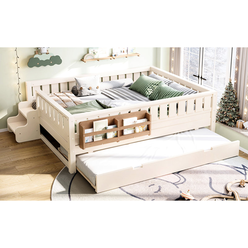 Full Bed In Beige With Bedside Reading Spot And Hidden Guest For Size Built - Bookshelves, Small Staircase, Trundle Rails 'S Comfortable Sleep