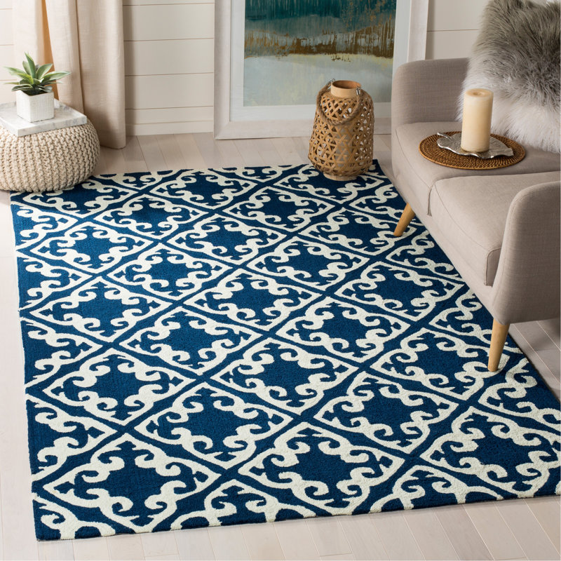 Tapis bleu marine / ivoire crocheté à la main Lima, Rectangle 8 pi x 10 pi
