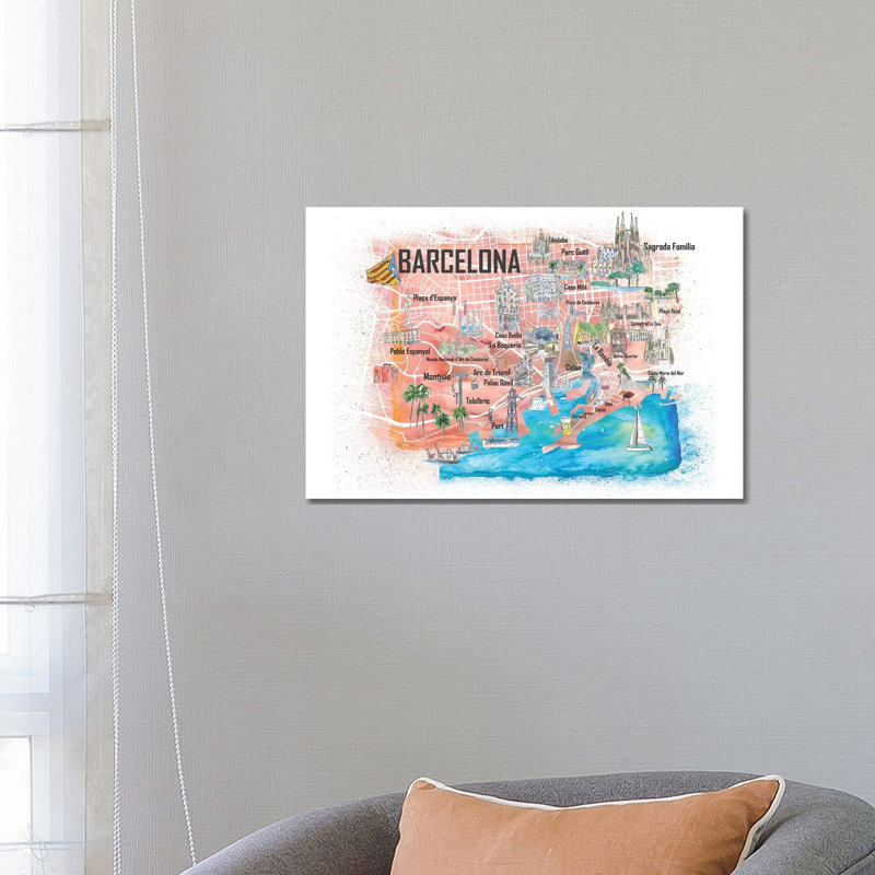 Barcelona Illustrated Travel Map With Main Roads, Landmarks And Highlights by Markus & Martina Bleichner - Wrapped Canvas Gallery-Wrapped Canvas Giclée