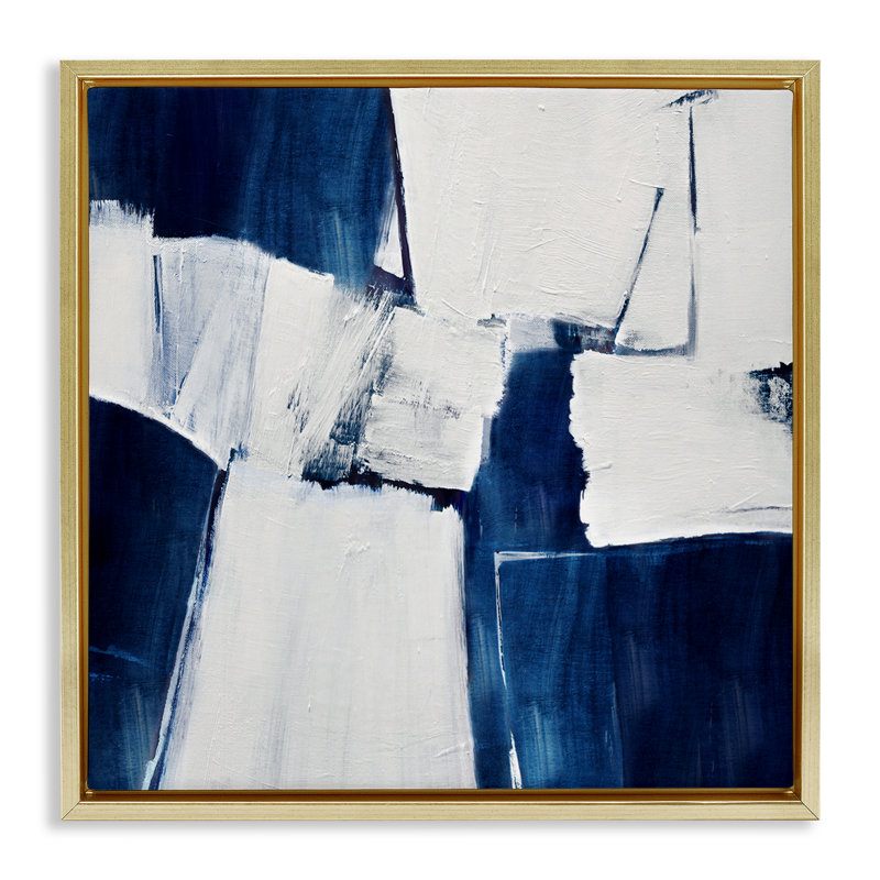 Blue Toned Brushed Abstract, Metallic Gold Floater Frame, 18" H x 18" W