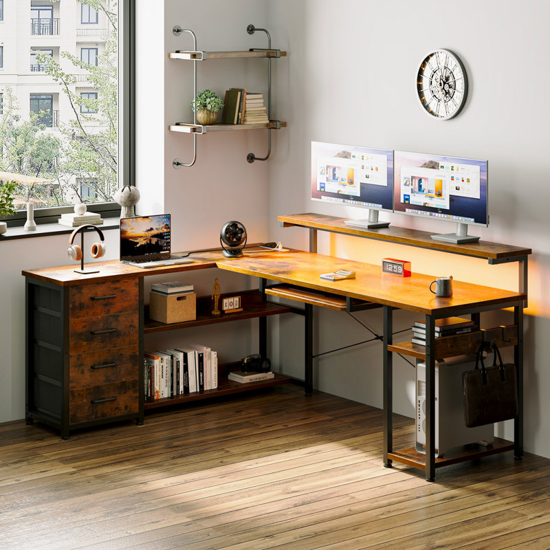 Bureau d'ordinateur en L à hauteur réglable L 61,02 po Lymon, Brun rétro