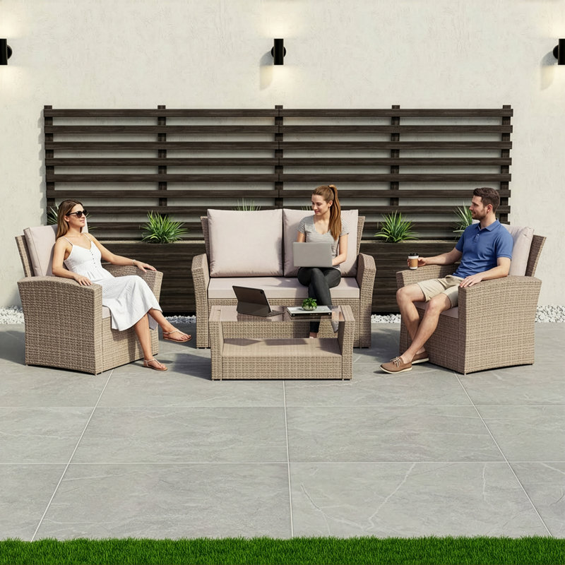 Custinne Rattan 5 - Person Seating Group with Cushions, UKFR Certified, Natural