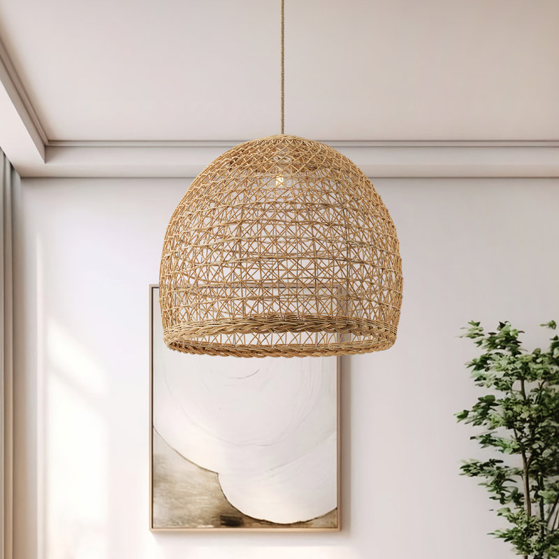 Lumiere Rattan Pendant Light - Natural Dome 1-Light Polished Handwoven Adjustable Light Fixture For Kitchen Island, Kitchen, Dining Room, Living Room, Bedroom or Hallway in Modern, Farmhouse & Boho Style