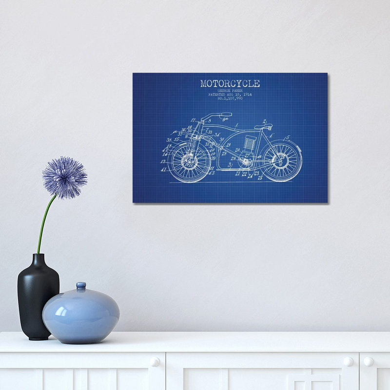 George Pamer Motorcycle Patent Sketch (Blue Grid) by Aged Pixel - Wrapped Canvas Gallery-Wrapped Canvas Giclée