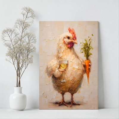 1Pc Easter Framed Canvas Poster Print A chicken holding a wine glass and a carrot, anthropomorphic animal, impressionist oil painting style Wall decor
