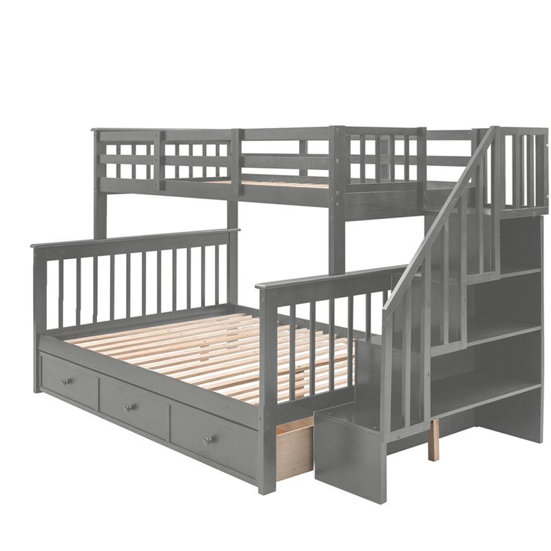 Lit superposé simple au-dessus d'un lit double avec tiroir, rangement et barrière de sécurité Stairway, Gris