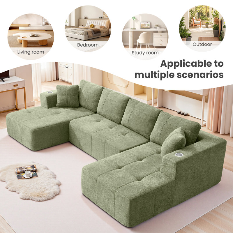 Boneless 136" U-Shaped Modular Tufted Sectional Sofa, 3-Piece Upholstered Design, Olive Green Corduroy